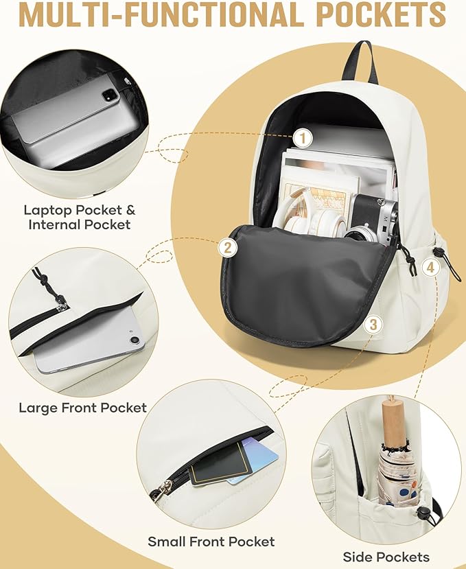 School Backpack for Girls Boys Bookbag Cute Aesthetic College Backpack Women Middle High School Teen Students Book Bag Lightweight Gym Work Laptop Casual Daypack Backpacks Men Beige