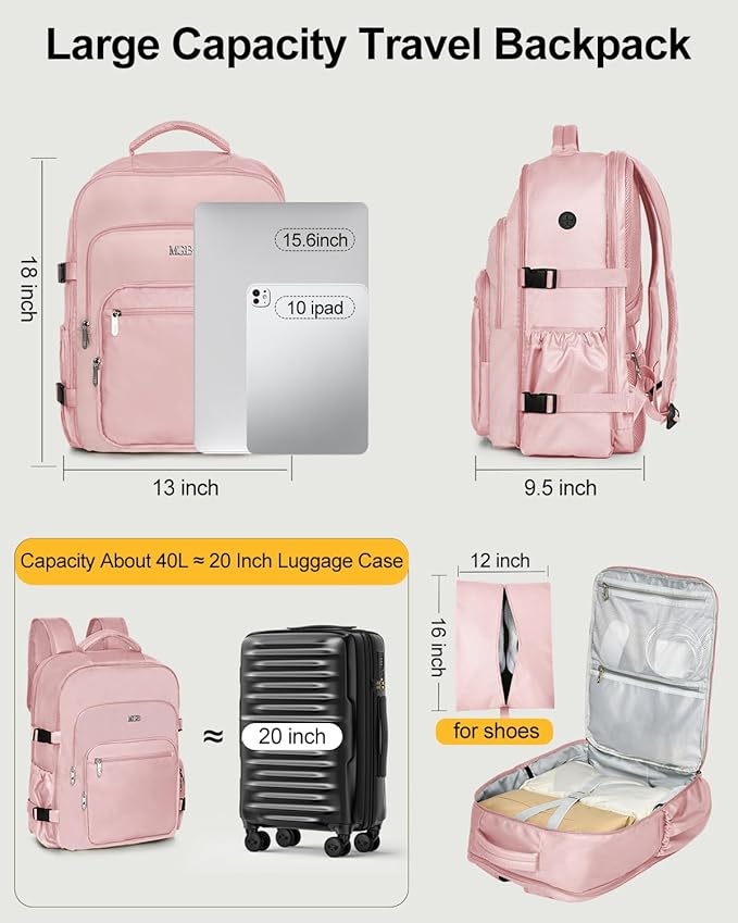 Travel Backpack for Women & Men, Large Carry On Personal Item Bag Airline Approved, Waterproof Traveling Overnight Bags, Gifts Laptop Backpack for Travelers College-Students Commuters (Pink)