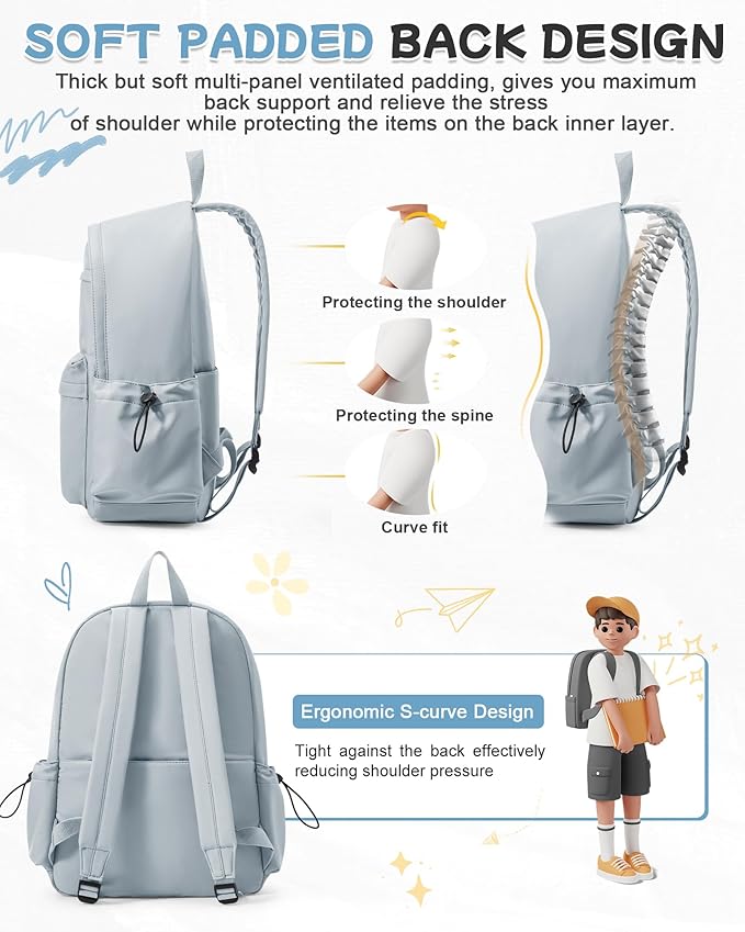 BJLFS Light Blue Backpack for School Women Girls, Waterproof Bookbag Cute High School Backpacks for Men Teen Boys, Lightweight Travel College Backpack Mochilas Escolares para Casual Daypack Rucksack