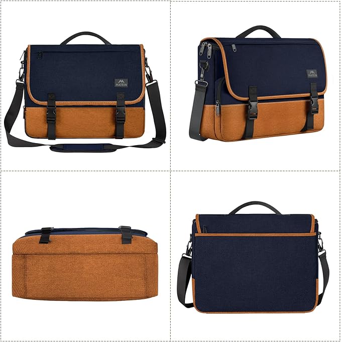 MATEIN 15.6 inch Laptop Bag, Briefcases Lightweight Men's Messenger Bag with Shoulder Strap, Large Water Resistant Crossbody Satchel Computer Case for College Work, Blue & Brown