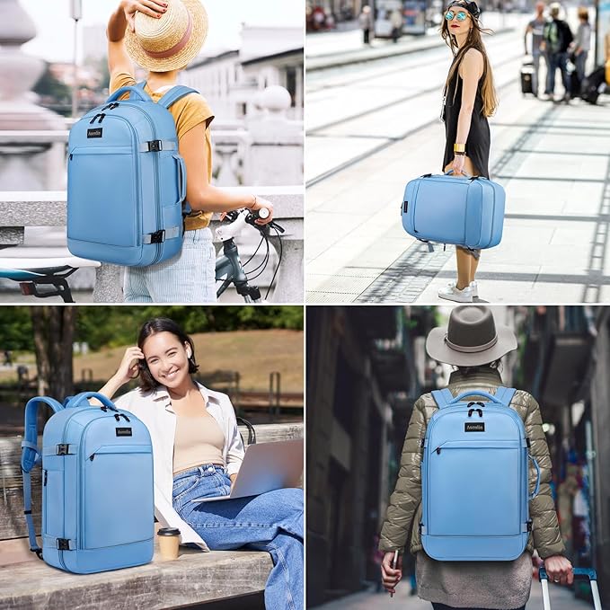 Asenlin 30L Travel Backpack for Women Men,Fit 15.6 Inch Laptop Backpack Flight Approved Luggage Carry On Water Resistant for Weekender Overnight Large Daypack Light Blue