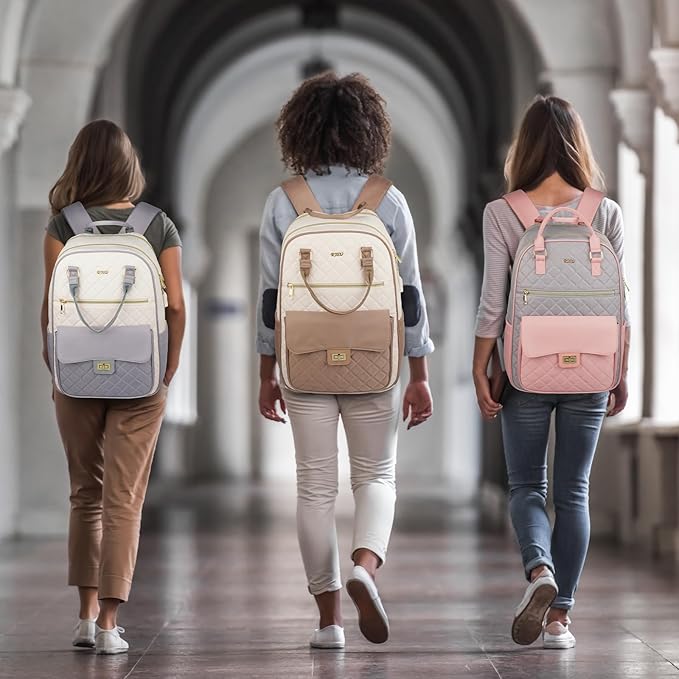 School Backpack for Teen Girl,Aesthetic Schoolbag Bookbag with 15.6-Inch-Laptop Compartment for Women College Student Work Travel Nurse Teacher,Khaki-Beige