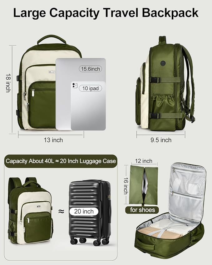 Travel Backpack for Women & Men, Large Carry On Personal Item Bag Airline Approved, Waterproof Traveling Overnight Bags, Gifts Laptop Backpack for Travelers College-Students Commuters (Green/Beige)