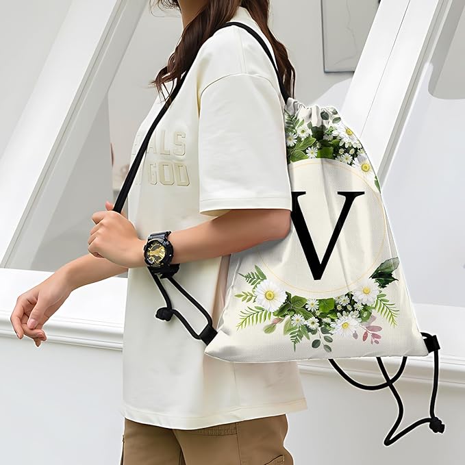 Initial Letter Drawstring Backpack String Sports Gym Bags Waterproof Sackpack Cute for Men Women Beach (13"×17") (Letter-V)