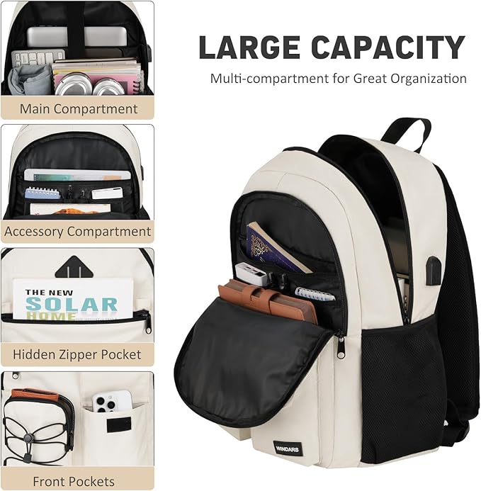 School Backpack for Women, College Bookbag Teen Girls 15.6 Inch Laptop Bacpack Cute School Bag with USB Port for Students (Beige)