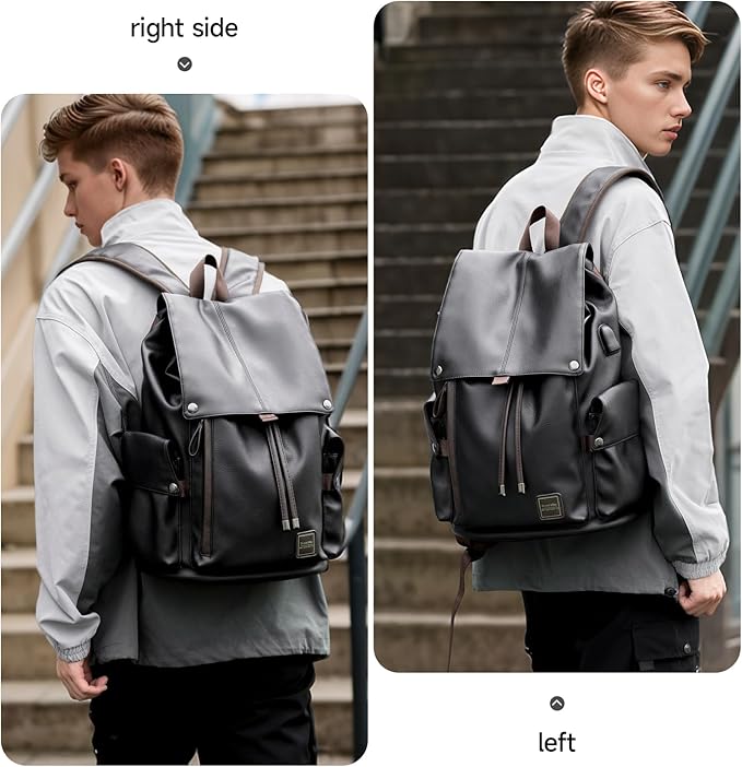 Laptop Travel Backpack For Men Vintage PU Leather Water-Resistant College School Casual 15.6" Laptop Work Backpack Gift For Male Female Black