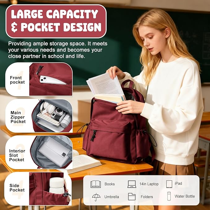 VECAVE School Backpack Red Waterproof Bookbag Casual Lightweight Travel Rucksack Daypack Backpacks for Men Women College High School Bags backpack for Boys Girls Teens