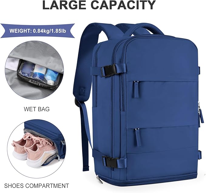 coowoz Large Travel Backpack For Women Men,Carry On Backpack Flight Approved,Hiking Backpacks Outdoor Rucksack Casual Daypack Travel Bag Essentials Personal Item Backpack (Royal Blue L)