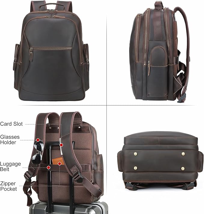 TIDING Full Grain Leather 17.3 Inch Laptop Backpack for Men Large Capacity Travel Weekender Camping Daypack Rucksack