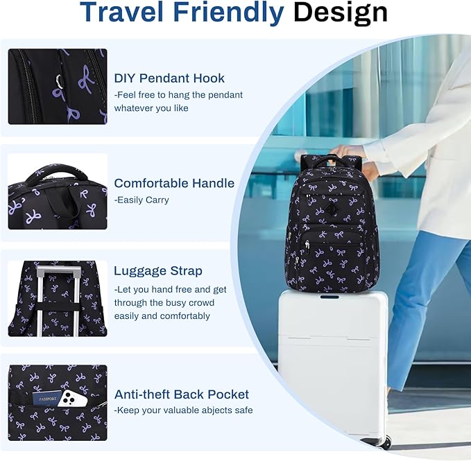 Girls Backpack, Lightweight School Backpack Multiple-pocket College Bookbag for Teen Girls Travel Backpack with Luggage Strap for Women, Black with Purple Bow