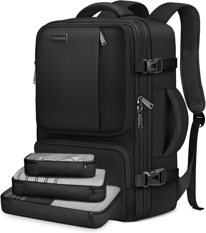 Vancropak Carry on Backpack, Flight Approved 40L Travel Backpack with 3 Packing Cubes for Men Women, Water Resistant Expandable Business Luggage Daypack Suitcase Travel Bag, Traveling Gifts, Black