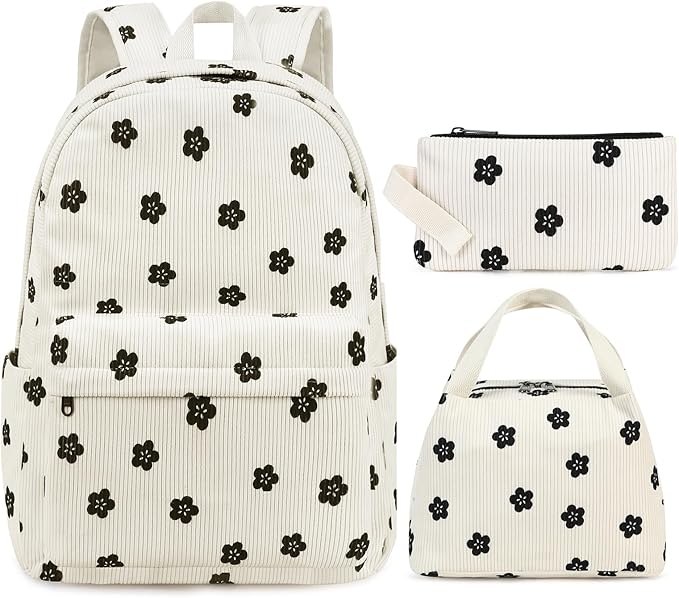 School Backpack for Girls Laptop Backpack for Teen Women Preschool Kindergarten Elementary Kids Bookbags Travel Daypack with Lunch Bag and Pencil Case (Corduroy Floral)