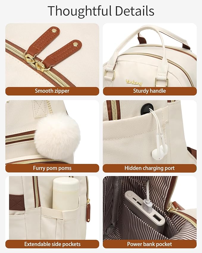 Womens Everyday Laptop Backpack, Aesthetic School Backpack for Teen Girls College Student, Cute Bookbag Purse for Work Travel, Beige Brown