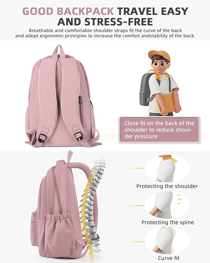 Lightweight School Backpack for Women Men, Laptop Travel Casual Daypack College Secondary School Bags Bookbag for Teenage Girls Boys, Pink