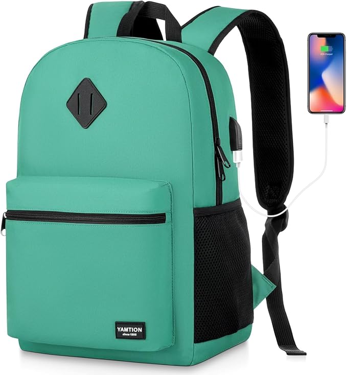 YAMTION School Backpack for Teens,Green Bookbag Classic Backpack with USB Port for High School College Students