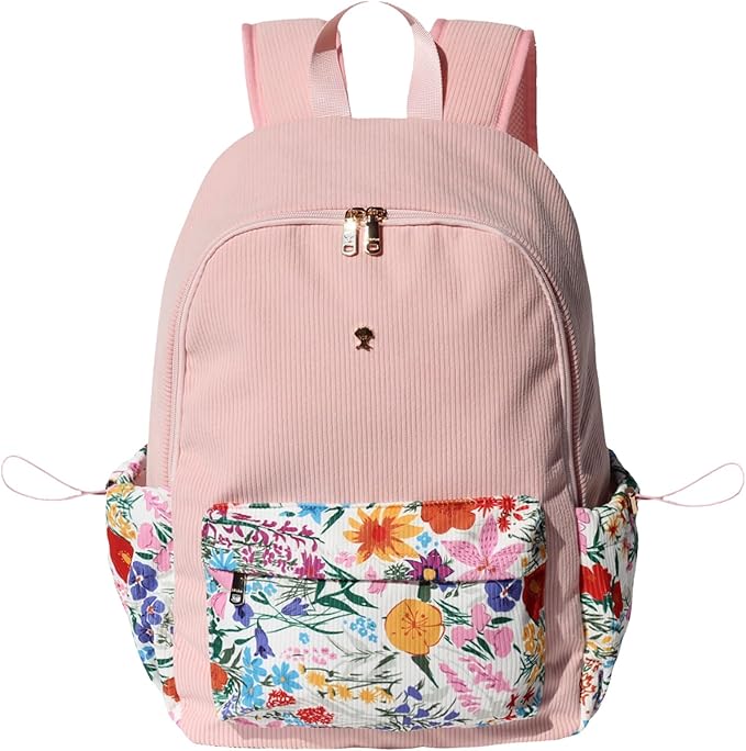 ESVAN Corduroy Backpack Lightweight Fashion 17 inch Laptop Bag for Women Casual College (Corduroy Pink flower)
