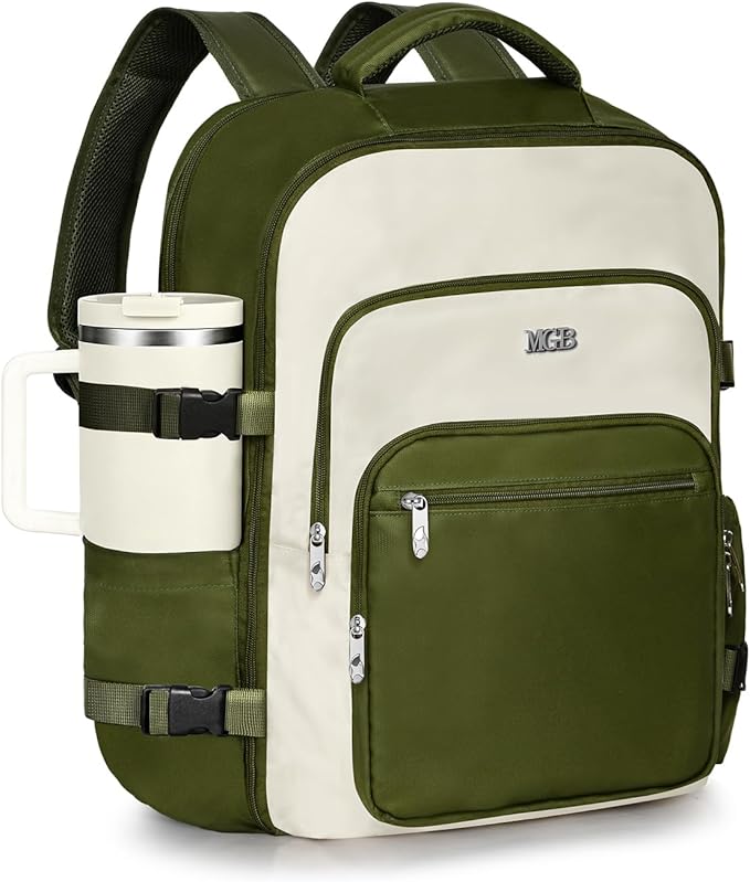 Travel Backpack for Women & Men, Large Carry On Personal Item Bag Airline Approved, Waterproof Traveling Overnight Bags, Gifts Laptop Backpack for Travelers College-Students Commuters (Green/Beige)