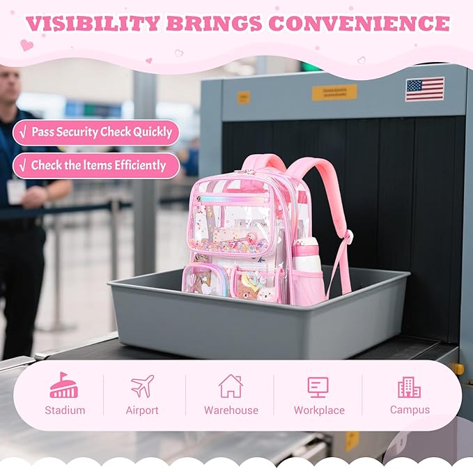 Clear Backpack for School,Heavy Duty PVC Transparent Bookbag for Girls Stadium Approved See Through Backpack