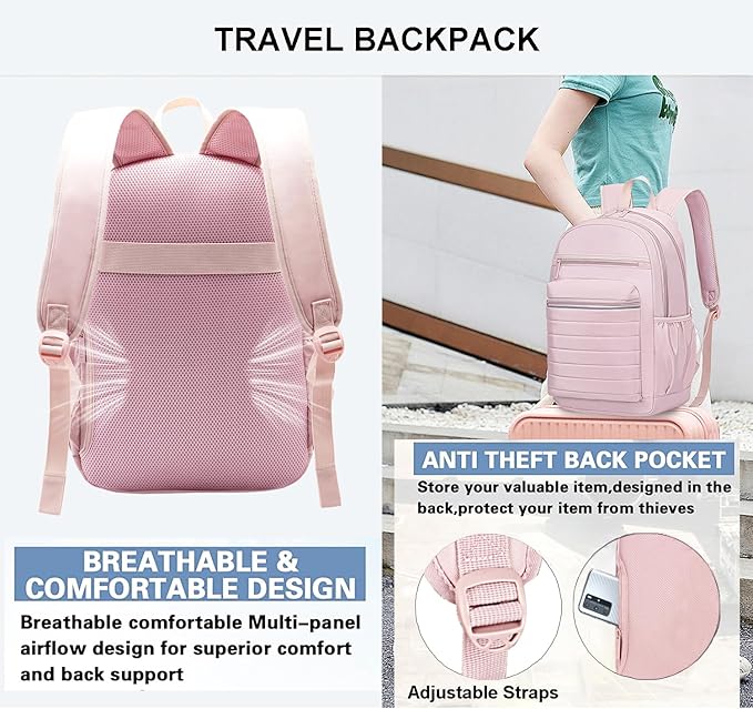 KEOFID Travel Backpack for Women, Womens Work Backpacks, Backpack Purse, Back pack for College Girls, Carry-On Travel Backpacks,Pink Bookbag (Light Pink)