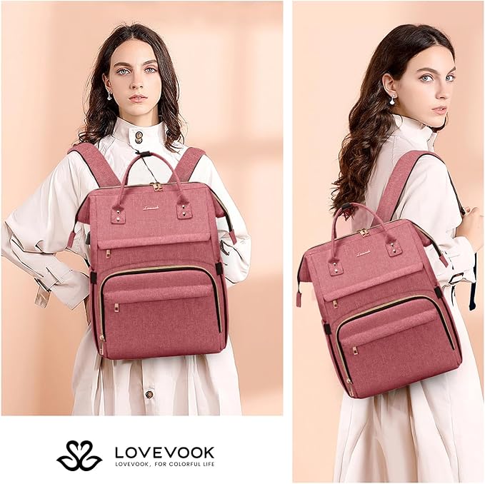 LOVEVOOK Laptop Backpack for Women,17 Inch Professional Womens Travel Backpack Purse Computer Laptop Bag Nurse Teacher Backpack,Waterproof College Work Bag Carry on Back Pack with USB Port,Light-red