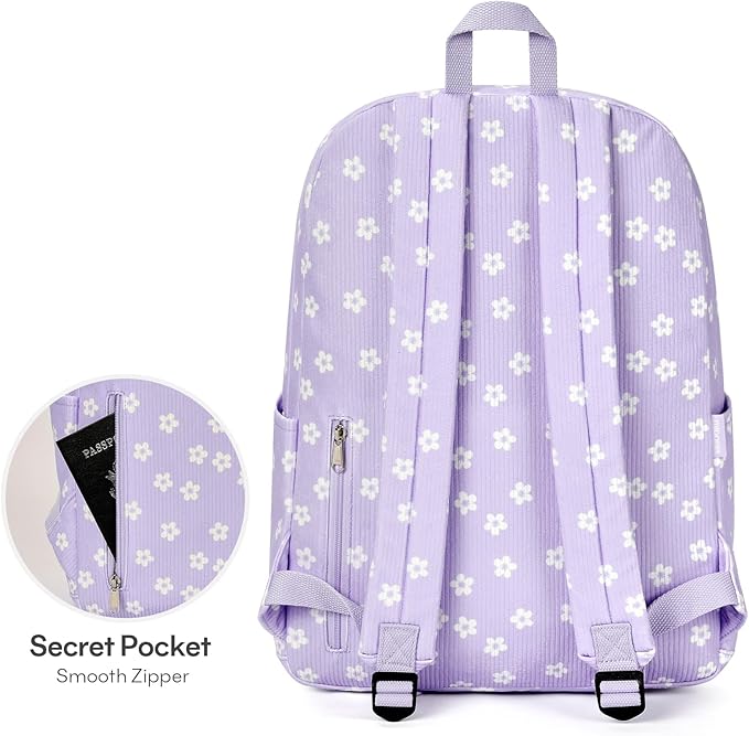 mibasies School Backpack for Girls with Laptop Sleeve: 18IN Large Capacity Corduroy Bookbag for Primary Middle School/College, Travel Daypack for Teens Women - Purple Flower