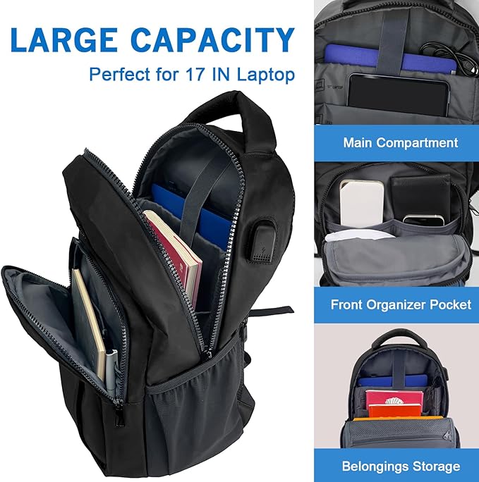 WOLT Laptop Backpack for Men Women for 15.6 Inch and 17 Inch Notebook, Travel Backpack Carry On Flight Approved with Computer Compartment, College Bookbag with USB Charging Port (Black)