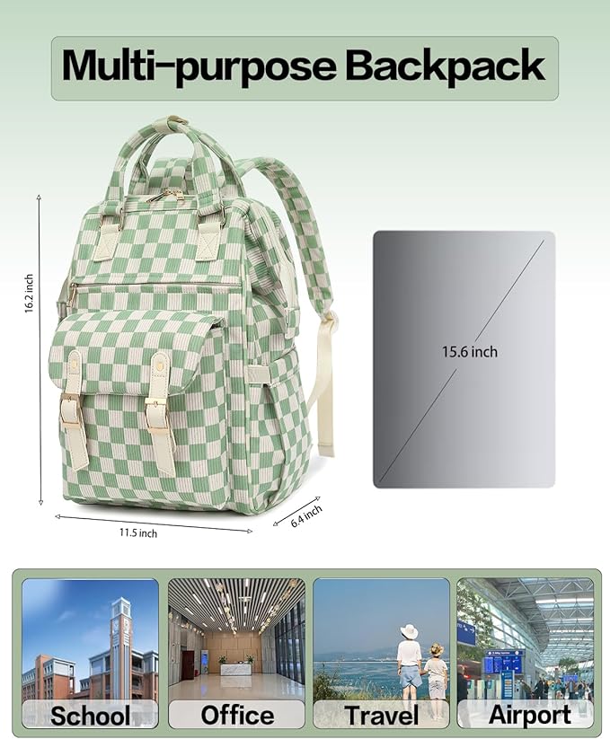 Laptop Backpacks for Women, Corduroy High School College Bookbag 15.6 Inch Laptop Bags for Girls Travel Daypack - Checkered Green
