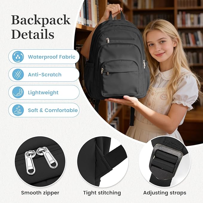 Black College Backpack For Women Men,Lightweight High School Bag,School Backpack With Lots Of Pockets,Cute Bookbag For Teens Boys Girls,Casual Daypack Backpack For School