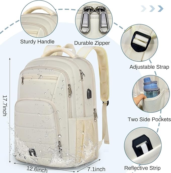 RAINSMORE Laptop Backpack 17 Inch Large Travel Backpack for Women Waterproof Computer Backpack Work College Bookbag TSA Friendly with USB Port, Beige