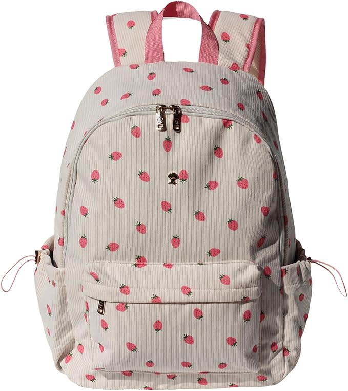 ESVAN Corduroy Backpack Lightweight Fashion 17 inch Laptop Bag for Women Casual College (Corduroy Pink strawberry)
