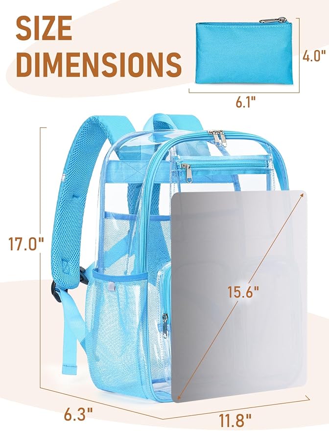 Large Clear Backpack Heavy Duty for Women Men Boys Girls, Clear Bookbag for School, 17 Inch Transparent Backpack with Accessories for Work Casual Sport,Light Blue