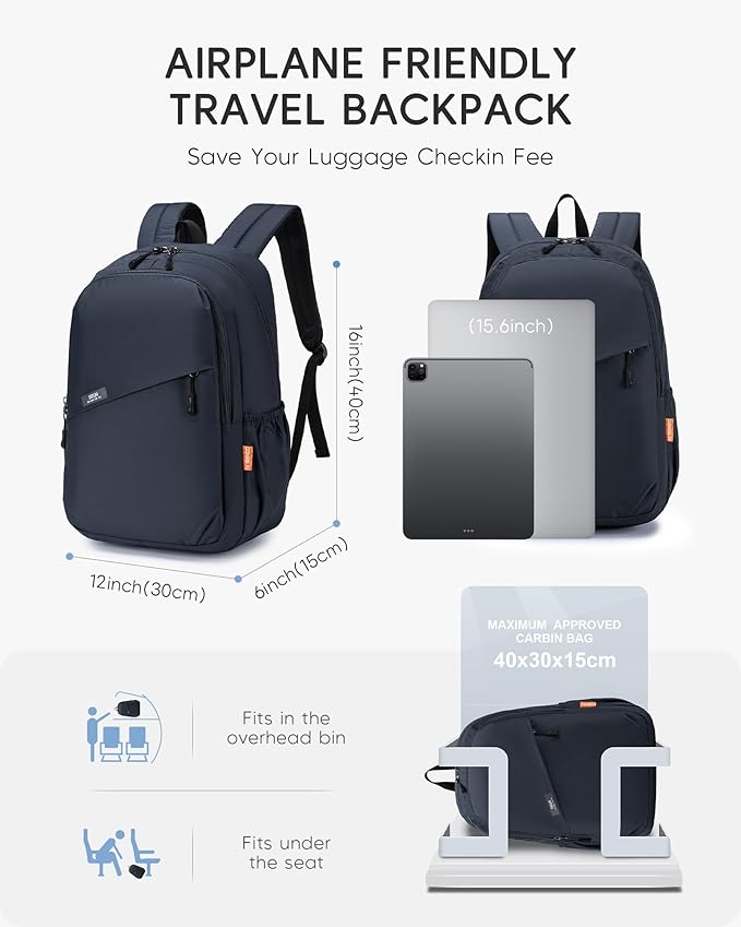 40x30x15cm Personal Item Bag Travel Backpack Carry On Flight Approved with Anti-Theft Pocket Water-resistant Casual Daypack for Weekender Business Hiking,Beige