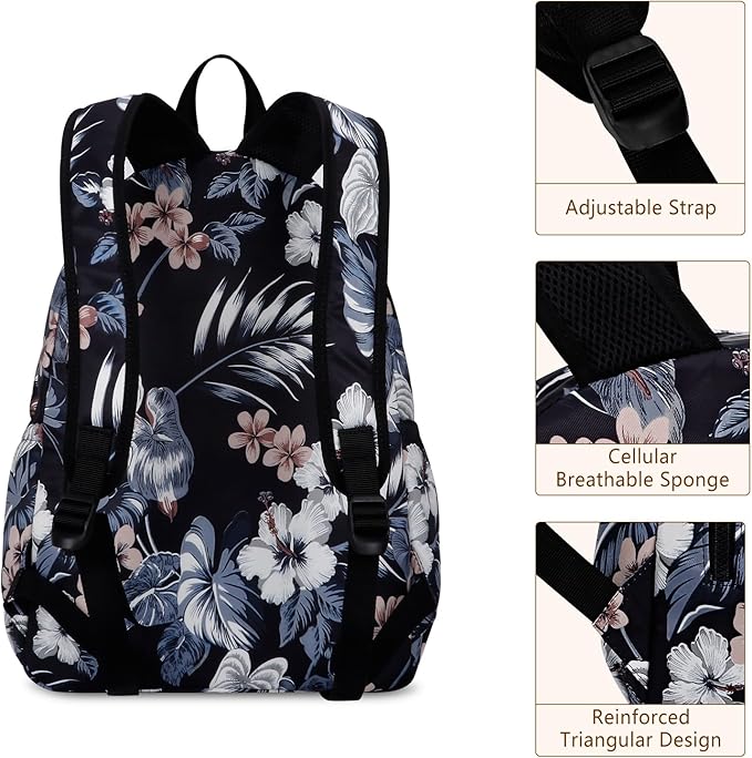 Women's Water-resistant Daypack Backpack, 15.6 Inch Laptop Compartment & Anti-Theft Pocket, Adjustable Padded Straps for Commuting, Travel, Work, College, Hawaii Flower