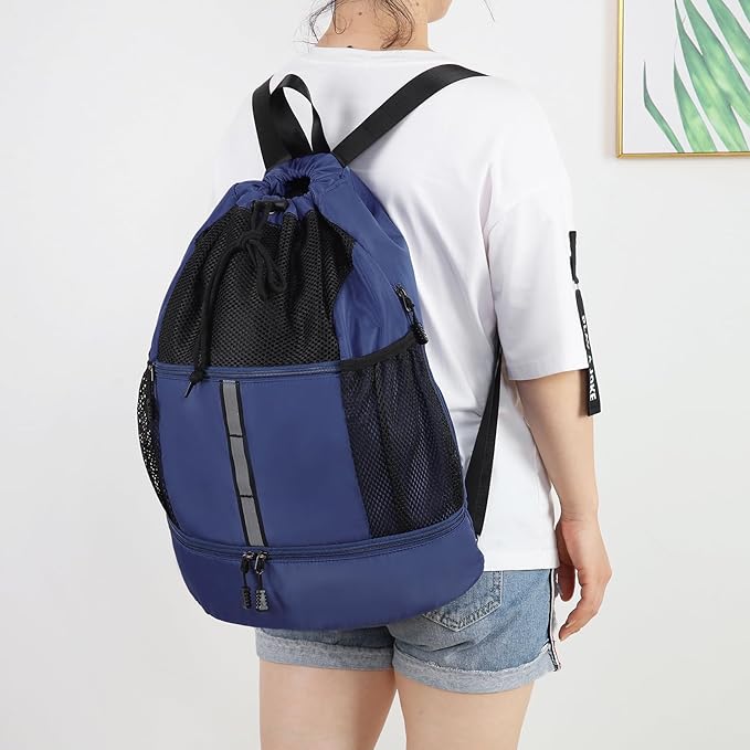 Valleycomfy Drawstring Gym Bag Sports Backpack With Shoe Compartment and Reflective Strips Dark Blue