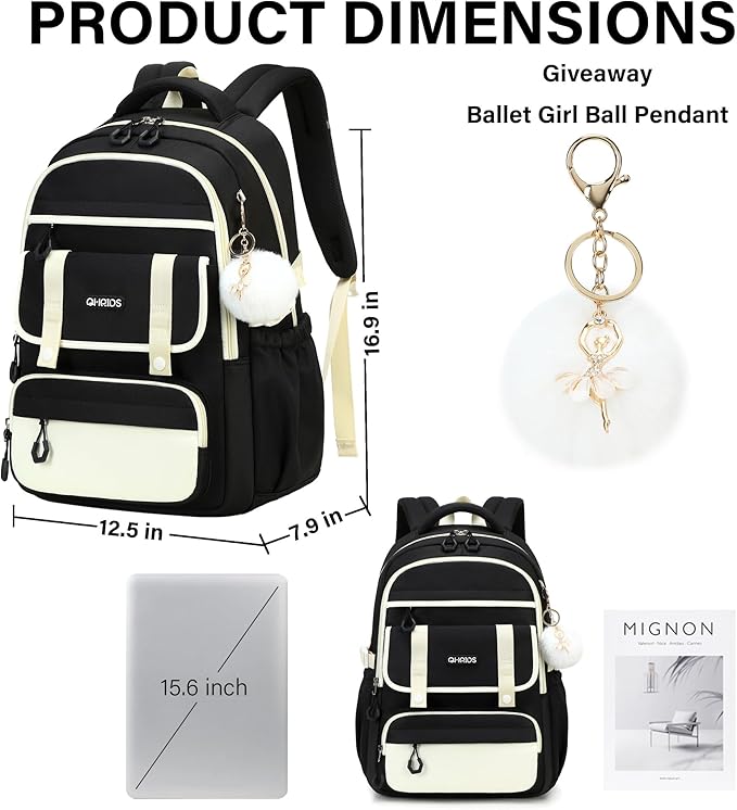School Backpack for Girls, Laptop Backpack 15.6 Inch Kids Elementary Middle High School Bag Anti Theft Cute College Bookbags for Teens Girls Women Students Casual Travel Daypack,Black Beige
