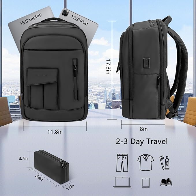 Backpack for Men Business Travel Laptop Backpack with USB Charger Lightweight Anti-Theft Water-Resistant Fits 15.6 Inch Laptop for Commute Travel Daily Work College with Small Bag (Black, 15.6MAX")