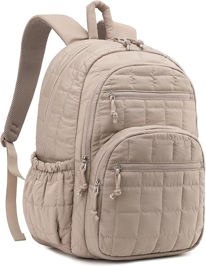 Bookbag for Women, Teen Girls Backpack for High School College Student, Puffer Quilted Back Pack Cute Laptop Backpack for Work Travel Mom Casual Daypack, Camel
