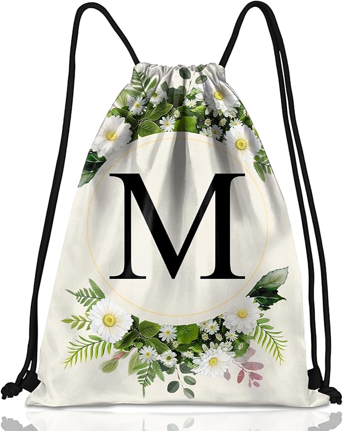 Initial Letter Drawstring Backpack String Sports Gym Bags Waterproof Sackpack Cute for Men Women Beach (13"×17") (Letter-M)