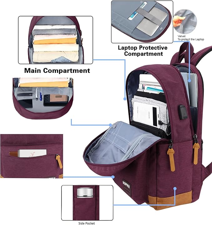 SUPACOOL Lightweight Laptop Backpack with USB Charging Port for Men and Women, Double Layers Backpack for College, Work, Travel, Casual(Purple)