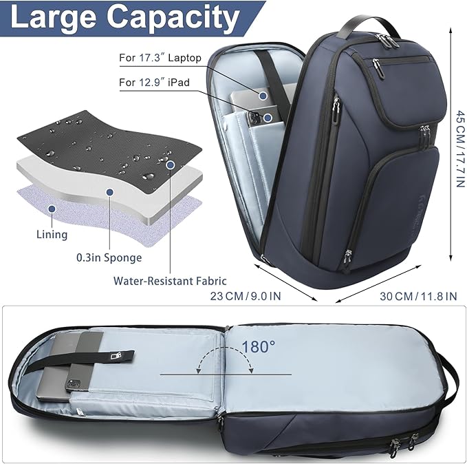 hk Business Smart Backpack for Men Anti-Theft for 17.3 Inch Laptop with USB Charging Port Water-Resistant Large Durable Compact 30L for Travel College Work-Deep Blue