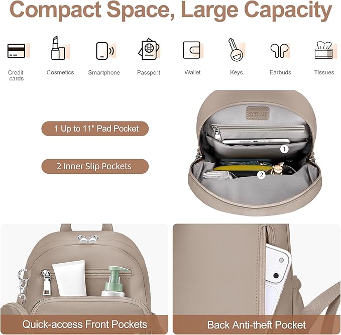 Mini Backpack for Women Small Backpack Purse, Anti Theft Backpack Waterproof Lightweight Puffer Back packs for Travel, Work with Coin Purse Khaki