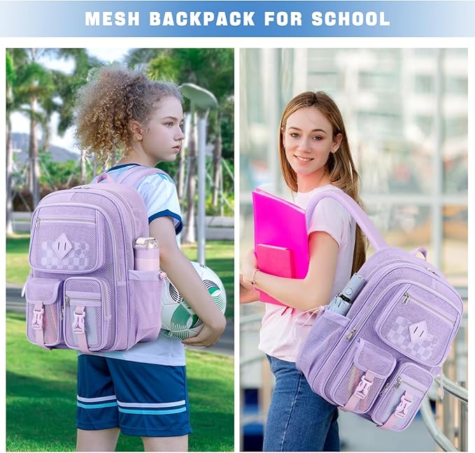 MOONBABY Mesh Backpack for School Heavy Duty See Through Net Bookbag Girls Semi-Transparent Net Back Pack for Beach, Swimming, Sports, Work, Travel (Purple)