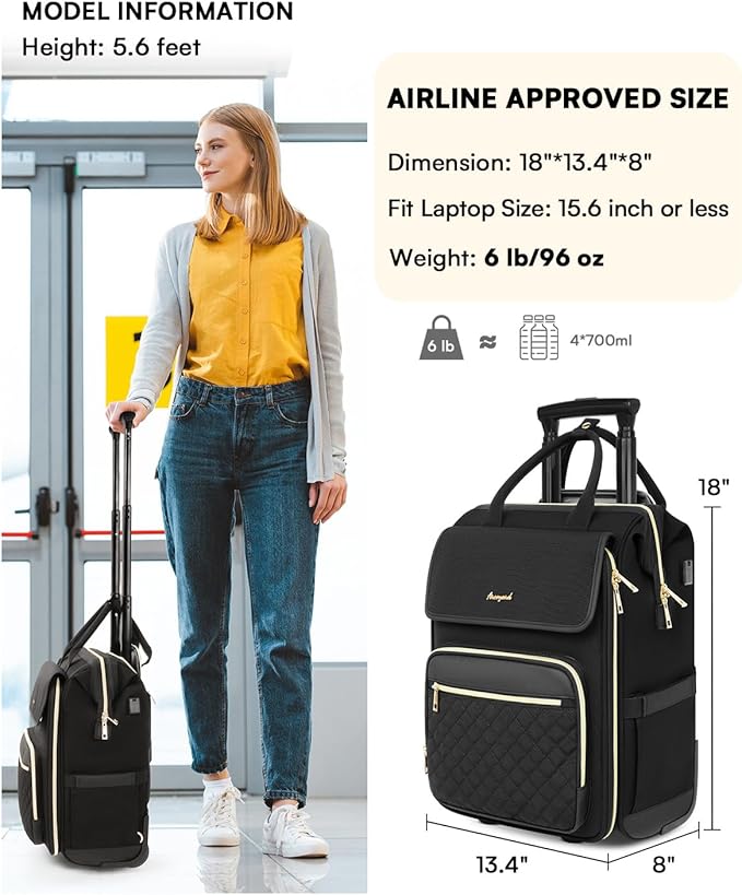 Rolling Backpack for Women, Travel Rolling Laptop Backpack with Wheels, Vertical & Horizontal Storage 2 In 1, Flip-Top Design, Water-Resistant Overnight College Underseat Carry on Luggage