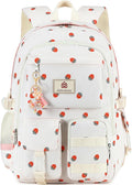 Laptop School Backpack for Teen Girls Women 15.6 Inch Cute College Backpacks Large Elementary Middle High School Bag Kids Student Strawberry Bookbag Anti Theft Travel Casual Daypack (Beige-Strawberry)