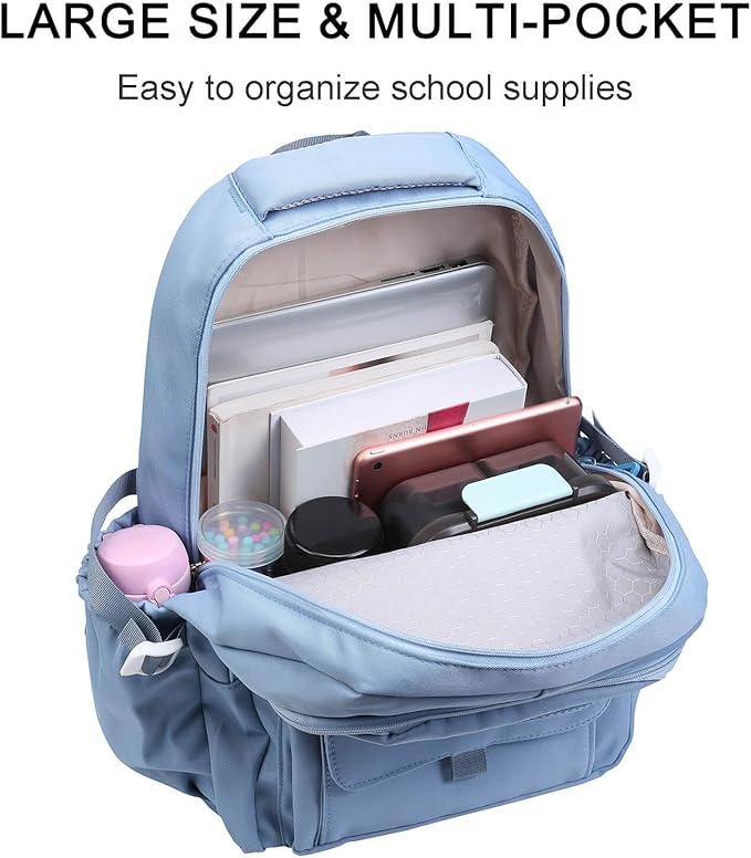 Phaoullzon Teen Girls School Backpack with Lunch Box for Boys, College Aesthetic Laptop Bookbag for Women,Blue