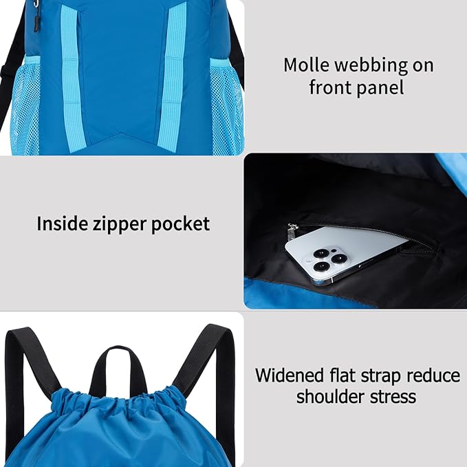 Drawstring Backpack for Kids Sports Gym Bag with Shoes Compartment, Water Resistant Beach Swim Bag String Backpack for Boys and Girls, Blue