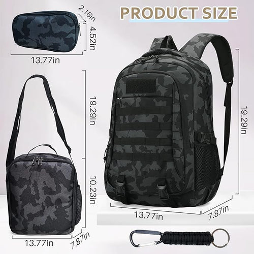 Camo Backpack for Boys 3 in 1 Set, 19 Inch 55L Tactical Bookbag with Lunch Box Pencil Case, Molle School Backpack for Kids Teens, Daily School Commute Outdoor Camping for Elementary Middle High School