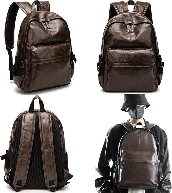 Leather Laptop Backpack for Men Women, School College Bookbag Casual Travel Daypack (Brown)