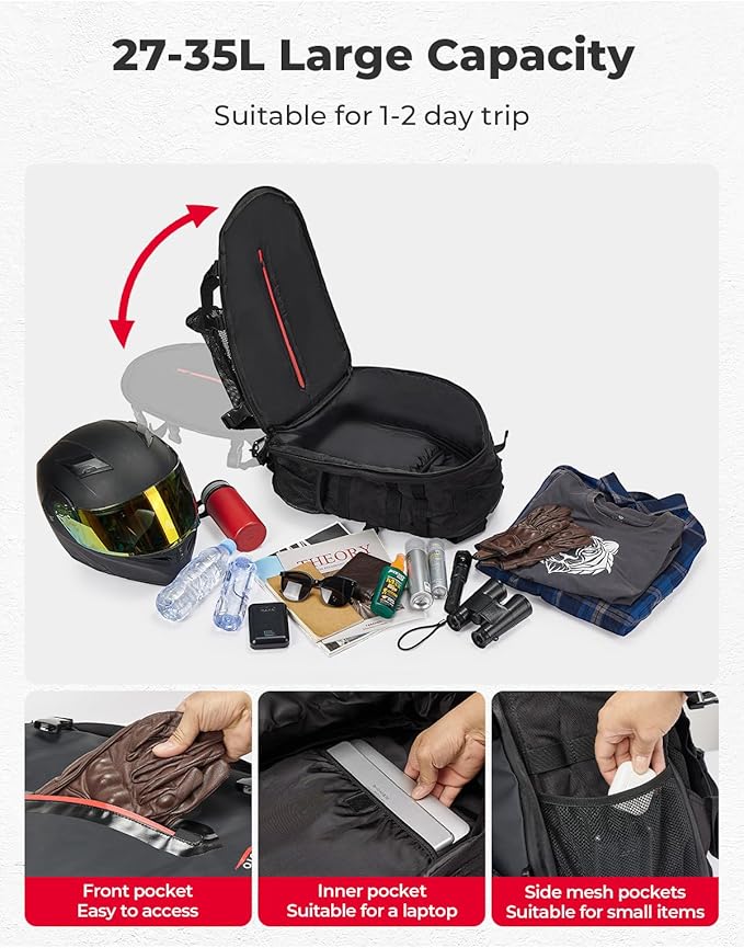 KEMIMOTO Motorcycle Helmet Backpack, 35L Storage Bag with Expandable Hidden Net for Full Face Helmet, Riding & Daily Commute Gift for Men