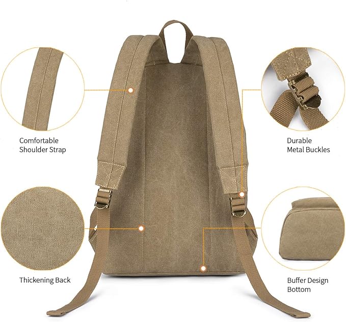 Canvas College Laptop Backpack, Durable Rucksack, Travel Bag Fits 15.6 Inch Notebook for Men Women, Khaki
